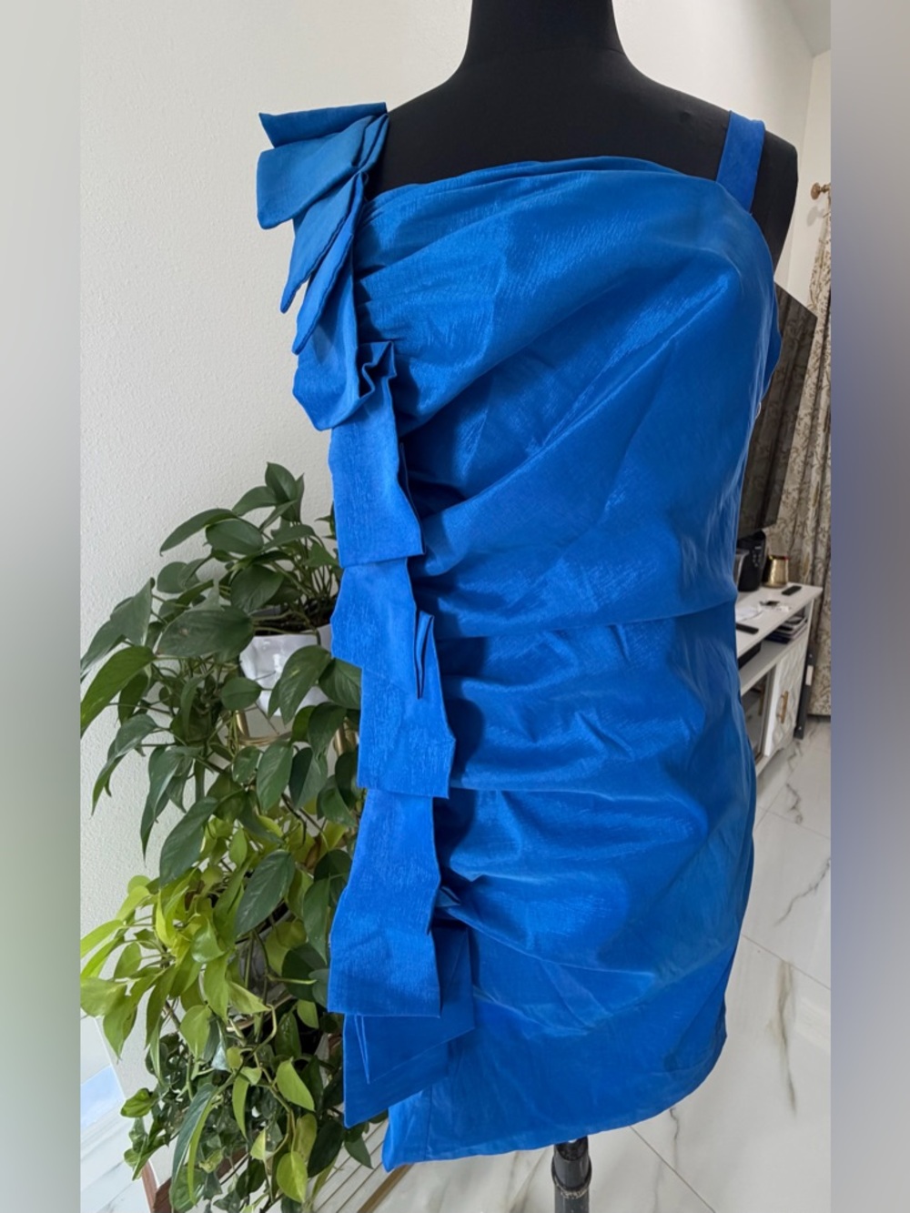 Dress Barn One-Shoulder Royal Blue Ruffled Cocktail Dress